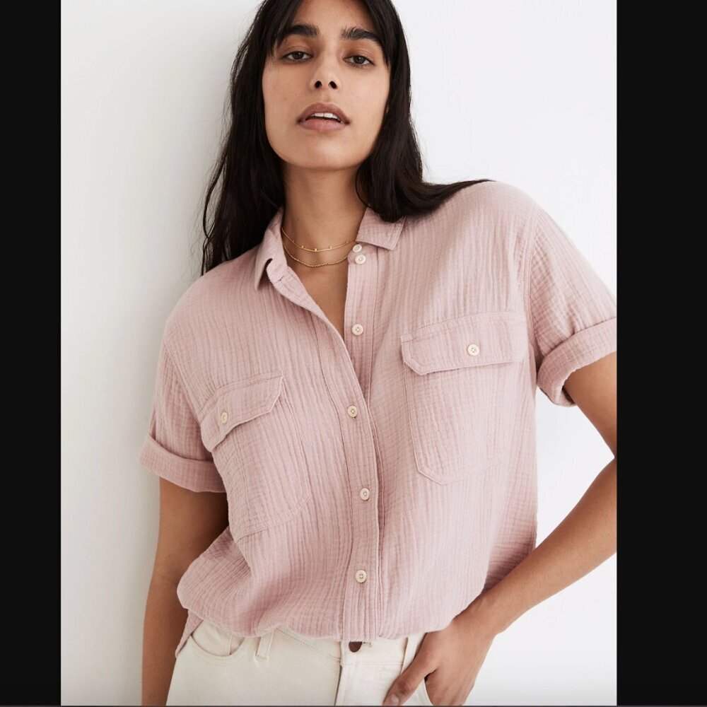 Madewell Lightspun Short-Sleeve Flap-Pocket Shirt in Wisteria Dove S